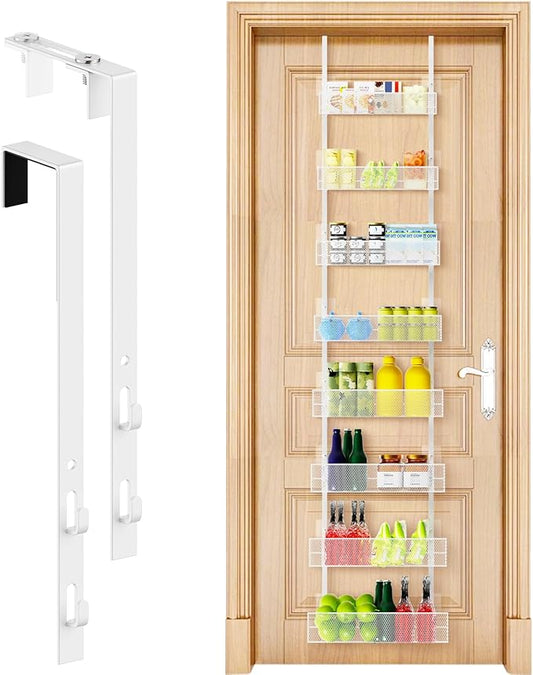 Over the Door Pantry Organizer - 8-Tier Mesh Basket Hanging & Wall Mounted Pantry Door Organizer, Over the Door Spice Rack with Adjustable Hooks for Kitchen, Bathroom, Bedroom, Storage Room (White)