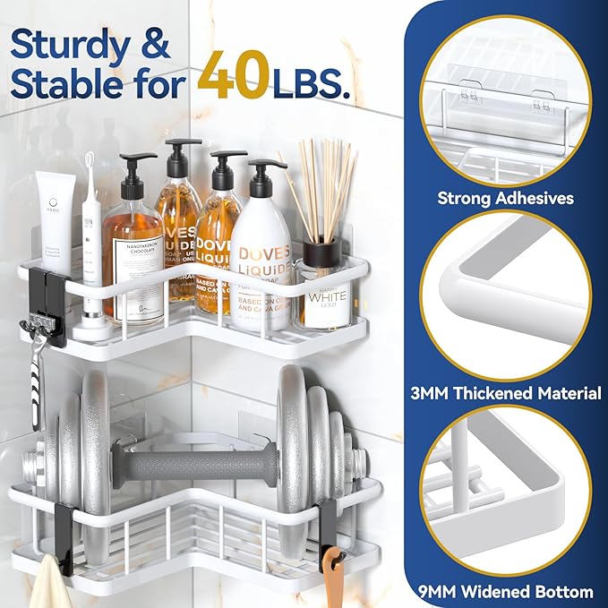 YASONIC Corner Shower Caddy Organizer, 3-Pack Adhesive Rustproof Stainless Steel Shower Shelves with Soap Holder, No Drilling Shower Storage Rack for Family Renters Bathroom, White