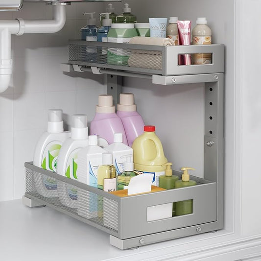 1 Pack-11.4"-16.14" H Under Sink Storage Organizer, Large 2-Tier Elegant Mesh Pull Out Shelf for Kitchen & Bathroom Cabinet Organization, L-Shaped, Adjustable Height - Space-Grey
