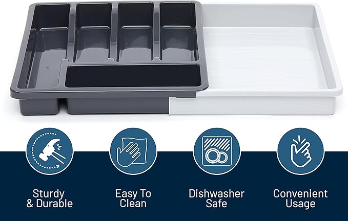 RoyalHouse Premium Cutlery Drawer Organizer, Expandable Utensil Holder And Organizer, 6-Compartments, Compact BPA-Free Plastic Storage for Spoons Forks Knives, Silverware Organizer