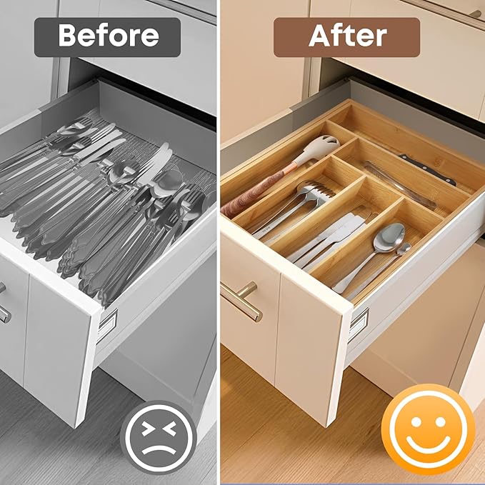 Bamboo Drawer Organizer Expandable Silverware Organizer, Drawer Dividers，Adjustable Utensils Holder Cutlery Tray for Kitchen Utensils and Flatware