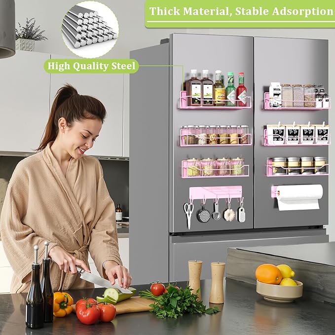 Magnetic Spice Rack for Refrigerator, 9 Pack Magnetic Fridge Shelves W/Adjustable Paper Towel Holder, Hook Rack, Moveable Spice Organizer Shelf for Kitchen Organization and Storage (Pink)