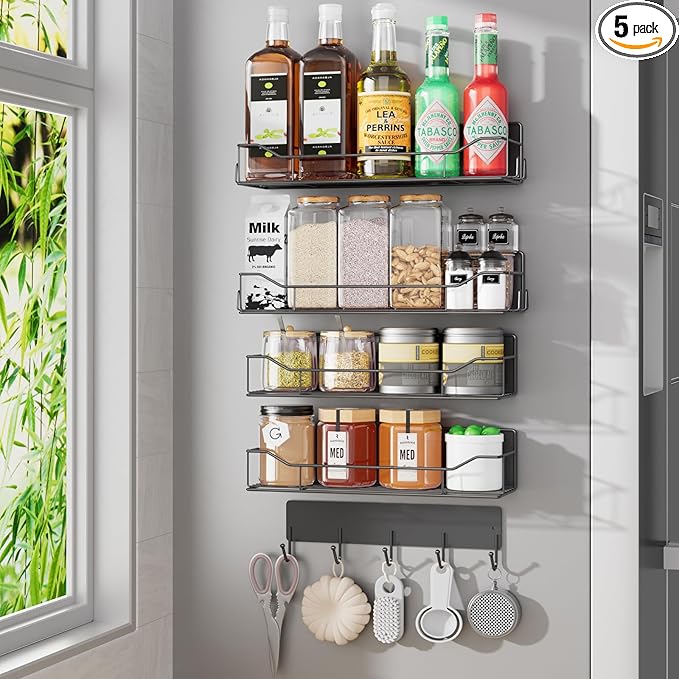 Magnetic Spice Rack for Refrigerator, 5 Pack Metal Strong Magnet Spice Organizer Shelves with Hook Rack, Space Saving Magnetic Fridge Shelf for Home Kitchen Organization and Storage (Black)