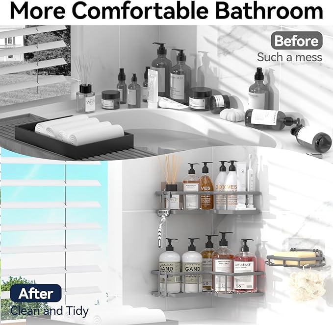 YASONIC Corner Shower Caddy Organizer, 3-Pack Self-Adhesive Rustproof Bath Shelves with Soap Holder & 4 Hooks, Large Capacity Shower Storage Rack for Bathroom Organization, Grey
