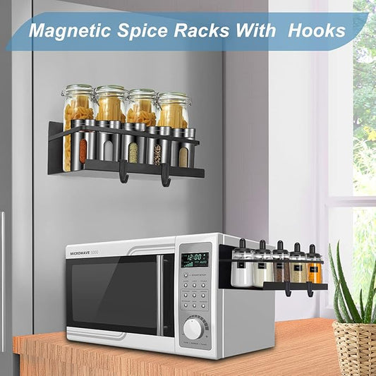 Magnetic Spice Rack, 2 Pack Rack for Refrigerator, Strong Shelf with Removable Hooks, fridge organizer Holding Jars, Perfect Space Saving stove shelf, Black, (JMSR-001)