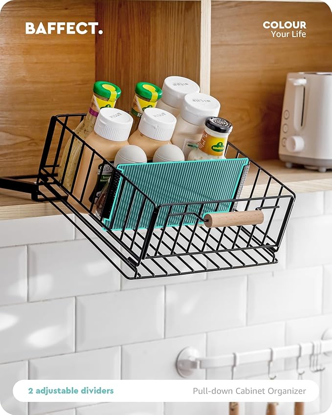 Baffect Pull-Down Cabinet Organizer, 20° Sloping Drop Down Spice Rack with 2 Adjustable Dividers, Heavy-Duty Sliding Out Storage Basket for Pantry/Cupboard/Upper Cabinet (Metal, Black)