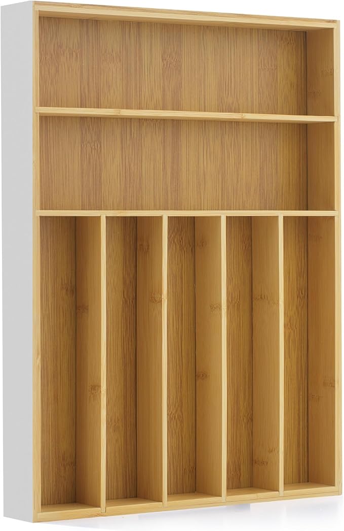 JoyJolt Bamboo Drawer Organizer, 7-Compartment Silverware Organizer, Cutlery and Utensil Organizer, Drawer Organizers for Garage, Kitchen, and Bathroom, Organizer Drawers for Kitchen Utensils