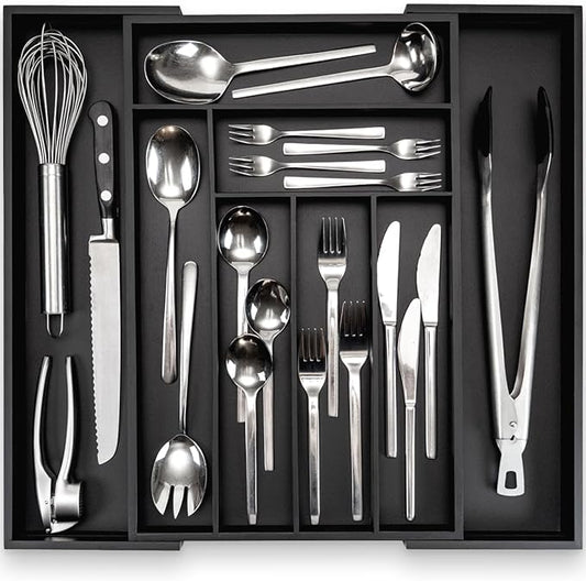 budu Silverware Drawer Organizer #17.7" Depth – Black - Utensil Holder, Kitchen Drawer Organizers for Flatware, Cutlery – Perfect Utensil Organizer for Silverware & Other Kitchen Organization Tools