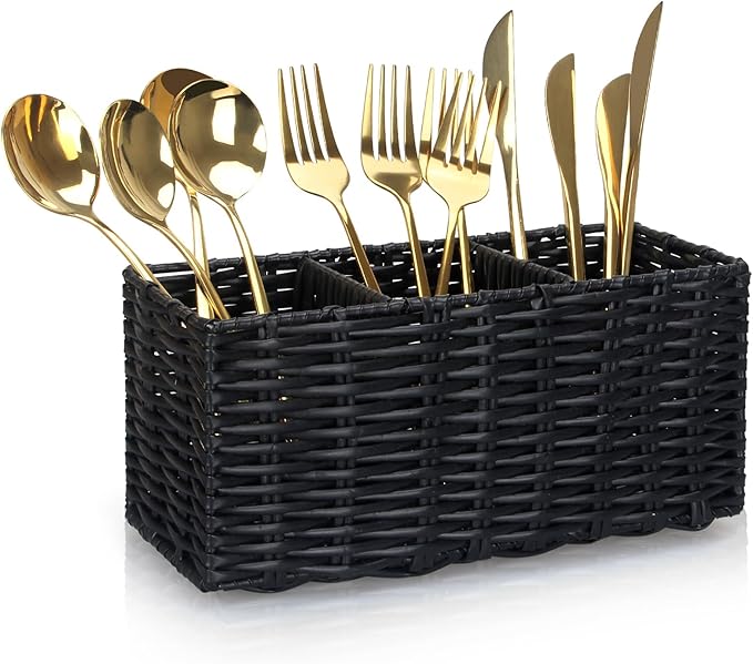 Ayiaren Wicker Silverware Cutlery Holder Black Flatware Utensil Caddy Best Silverware Organizer Storage for Countertop Party Kitchen Utensils Holder Flatware Silverware Caddies Spoon and Fork Holder