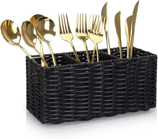 Ayiaren Wicker Silverware Cutlery Holder Black Flatware Utensil Caddy Best Silverware Organizer Storage for Countertop Party Kitchen Utensils Holder Flatware Silverware Caddies Spoon and Fork Holder