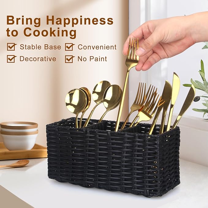 Ayiaren Wicker Silverware Cutlery Holder Black Flatware Utensil Caddy Best Silverware Organizer Storage for Countertop Party Kitchen Utensils Holder Flatware Silverware Caddies Spoon and Fork Holder