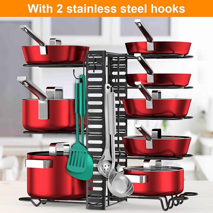 Pots and Pans Organizer for Cabinet with 2 Hooks, Adjustable Pot and Pan Organizer Rack for Cabinet 8 Tiers Durable Steel Construction Pot Rack Space Saving Kitchen Storage