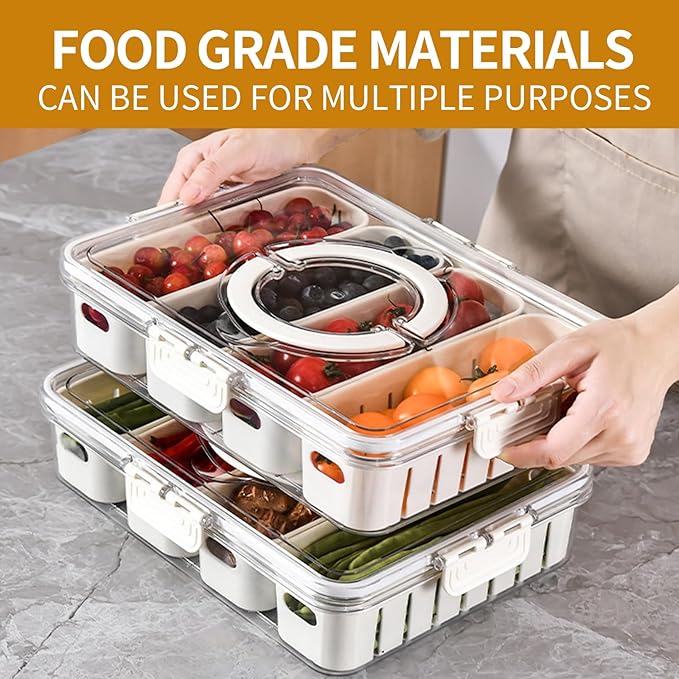 Divided Serving Tray with Lids, Handle & Removable Colanders, Snackle Charcuterie Box, Kitchen Organizers and Storage, Snack Box, Meal Prep Containers Reusable, Snack Platters