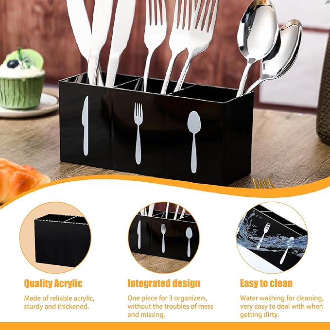 Acrylic Cutlery Storage Organizer Bin Silverware Caddy Countertop Knife Spoon and Fork organizer Kitchen 3 Section Tableware Storage Box for Cabinet Indoor Home Flatware Dining Room