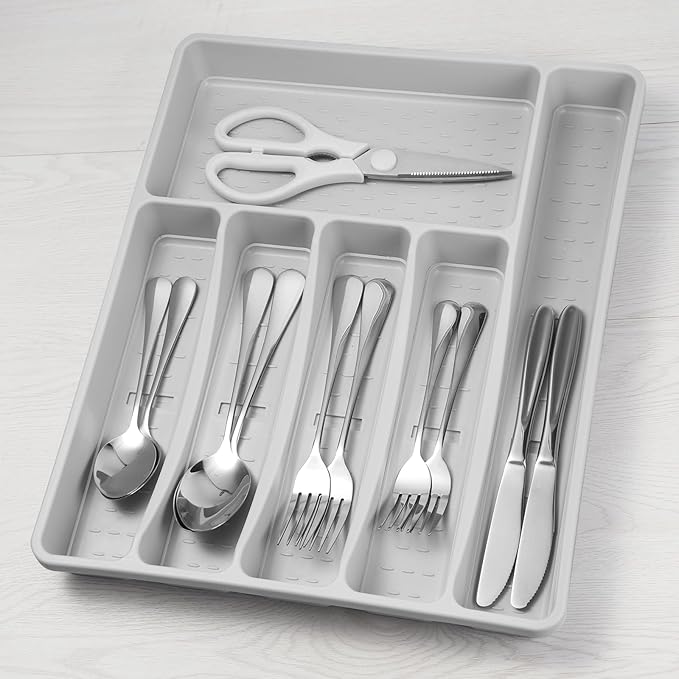 Silverware Organizer with Cutlery Icons，Silverware Tray for Kitchen Drawer，Plastic Flatware Tableware Cultery Drawer Organizer Utensil Organizer with Non-slip TPR Linings，6-Compartment，Grey
