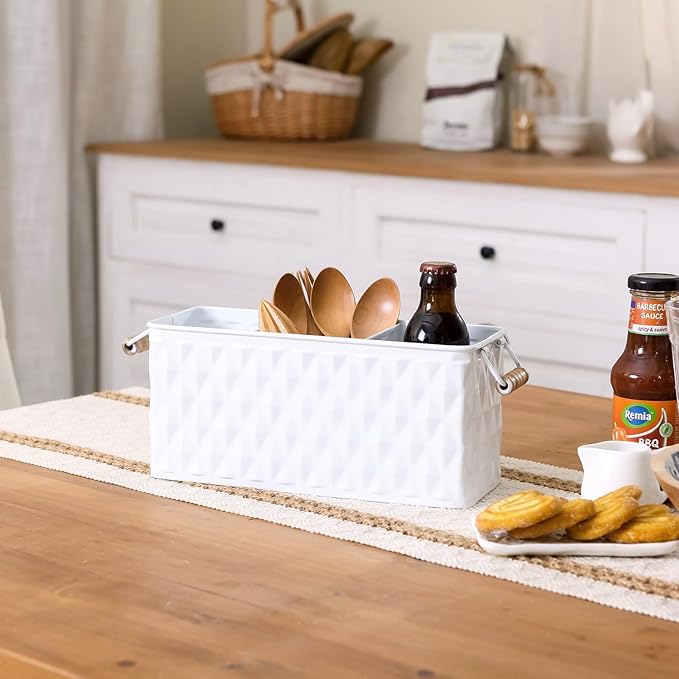 NIKKY HOME Farmhouse White Silverware Organizer with 3 Compartments Cutlery Caddy Kitchen Countertop Flatware Holder for Utensil, Spoons, Knives, Forks, Rhombic Embossed Pattern