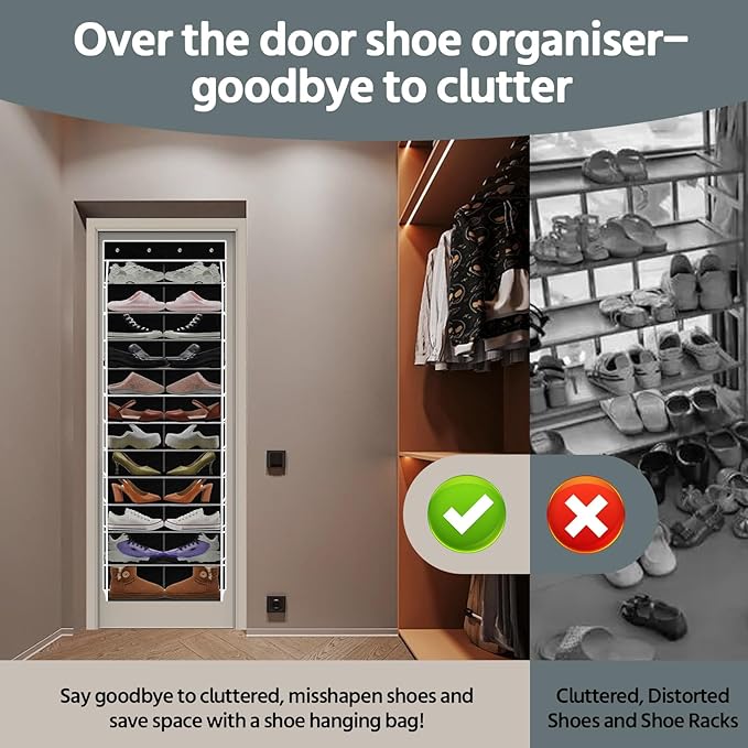 12 Pocket Over the Door Shoe Organizer,Reusable Breathable Large Mesh Bag Men's & Women's Sneaker Organizer,Shoe Organizer for Kids,Hanging Shoe Storage Hanging Bag (Black)