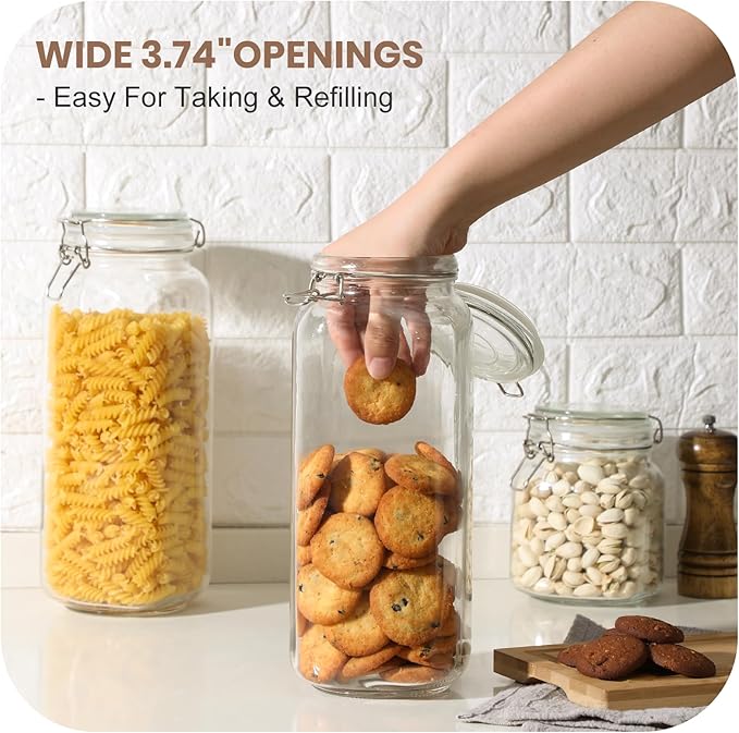 VITEVER [ Taller ] 92oz Glass Jars with Airtight Lid, Large Glass Food Storage Jars, 3 Pack Wide Mouth Airtight Glass Jars for Kitchen Pantry Spaghetti, Square Mason Jars with Labels