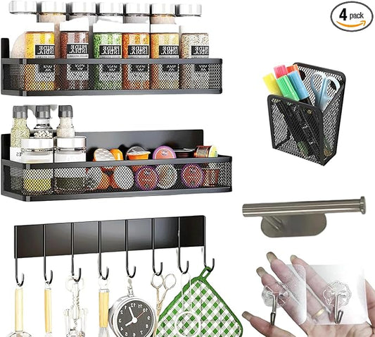 Magnetic Spice Rack for Refrigerator Organizers, 3 Tier Magnetic Shelf with Towel Rack, Square Storage Basket & Two Sticky Hooks, Kitchen Organizers