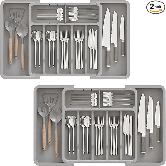 2 Pack Silverware Organizer, Expandable and Adjustable Kitchen Utensil Drawer Organizer, Plastic Cutlery Holder with Multiple Compartments,Cutlery Holder,for Spoons Forks Knives,Grey,UAFD012G