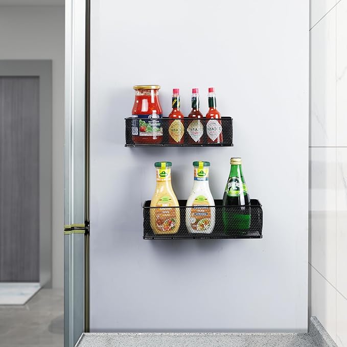 Magnetic Spice Rack for Refrigerator,2 Pack Magnetic Spice Rack for Kitchen Organization，Magnetic Spice Shelf Rack Organizer for Side of Refrigerator Fridge，Kitchen Storage Organizer,Black