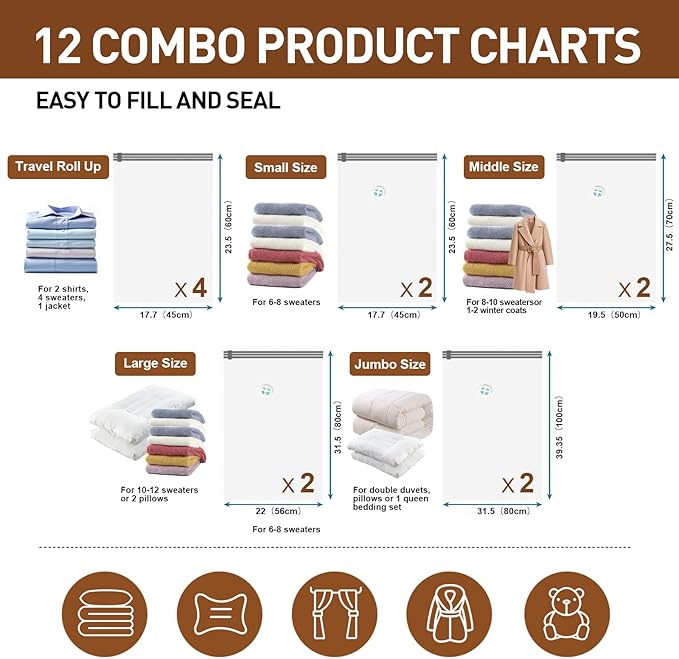 12 Pack Vacuum Storage Bags,Space Saver Bags for Clothing,Comforters,and Bedding,Includes 2 Jumbo, 2 Large, 2 Medium, 2 Small/4 Roll Bags,Compression for Closet & Travel, With Electric Pump