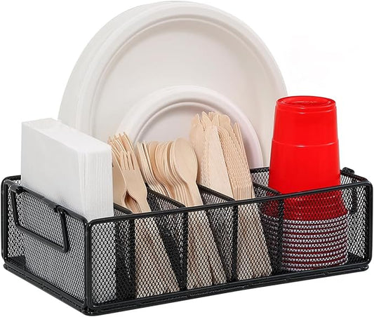 Paper Plate Dispenser with Handle, Metal Paper Plate Holders for Kitchen Counter, Utensil Holder Organizer with 6 Compartments, Silverware Holder Caddy for Cup Fork Spoon Napkin Party Camping