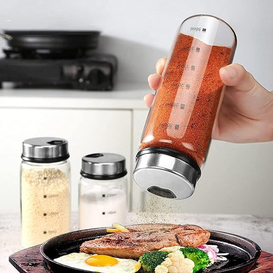 2 Piece 4-Neck SeasoningShakers Moisture Resistant Seasoning Shakers Glass Seasoning Shakers, Salt andPepper ShakerswithAdjustablePour Holes - For Seasoning,Picnics (2 x 450ml Large Spice Bottles)