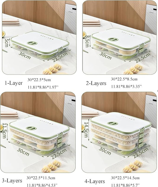 Dumplings Storage with 4 Layers, Stackable with Buckle, Lid & Handle for Cookies Wonton Donuts Box Organizer For Fridge, White-Green
