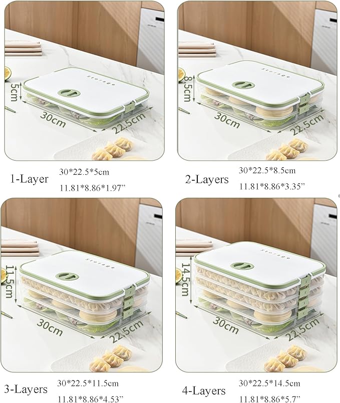 Dumplings Storage with 4 Layers, Stackable with Buckle, Lid & Handle for Cookies Wonton Donuts Box Organizer For Fridge, Milk-Brown
