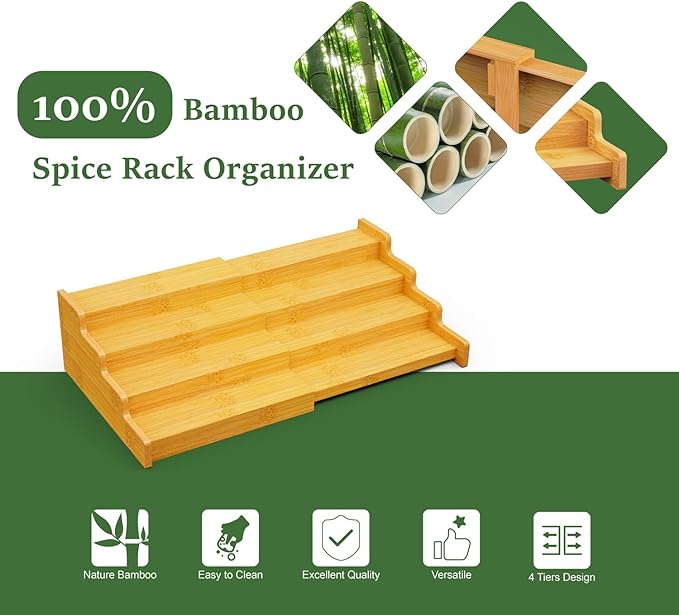Spice Rack Organizer for Expandable 4-Tier, 2 Pack Adjustable Bamboo Spice Storage for Kitchen Cabinet, Pantry and Countertop Organization, Natural