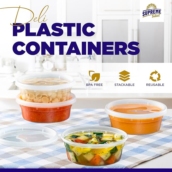 Supreme Deli Plastic Storage Containers with Lids 8oz, 16oz, 32oz [12 sets of each - 36 combo pack] Reusable Food Containers - Microwavable & Freezer friendly - Dishwasher safe - Secure fitting Covers