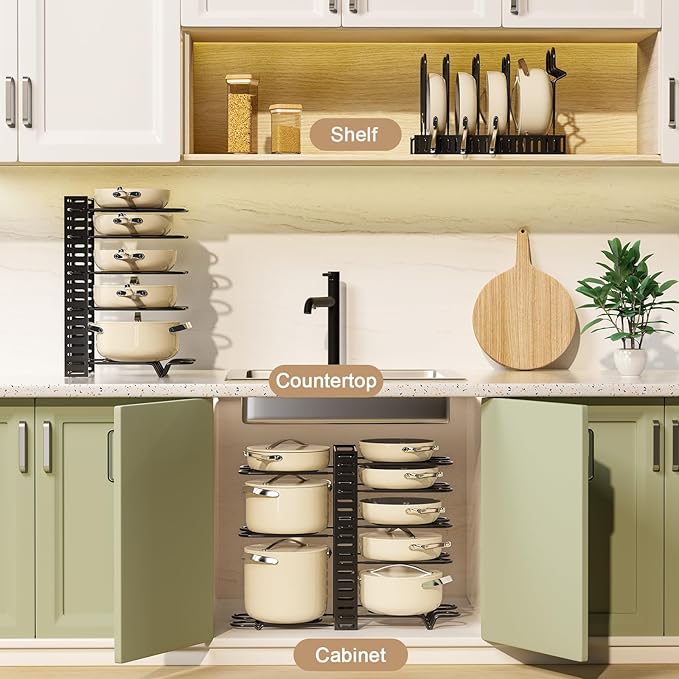 Pot Rack Organizer for Cabinet - Adjustable Pot Lid Holder & Pan Organizer Rack, Heavy-Duty Steel Cookware Storage for Kitchen Cabinet & Drawer Organization, Fits Pots, Pans, Lids
