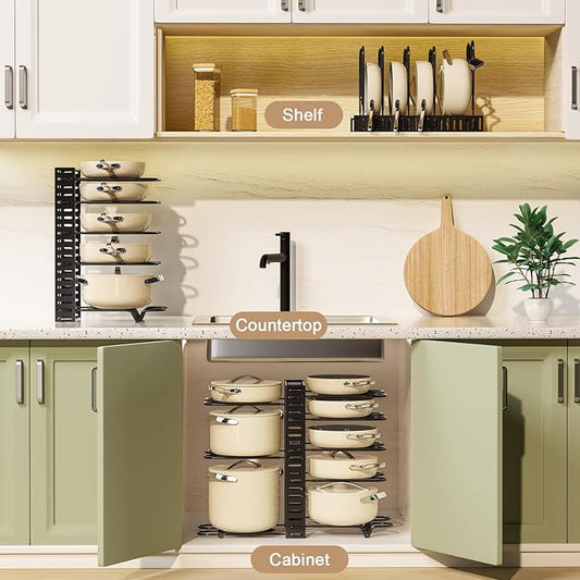 Pot Rack Organizer for Cabinet - Adjustable Pot Lid Holder & Pan Organizer Rack, Heavy-Duty Steel Cookware Storage for Kitchen Cabinet & Drawer Organization, Fits Pots, Pans, Lids