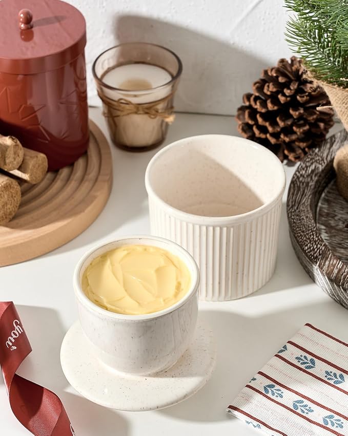 XELA Large Butter Crock with Lid for Countertop, The Original Reactive Glaze Butter Dish With Water Line, French Butter Dish for Spreadable Butter -Speckled White