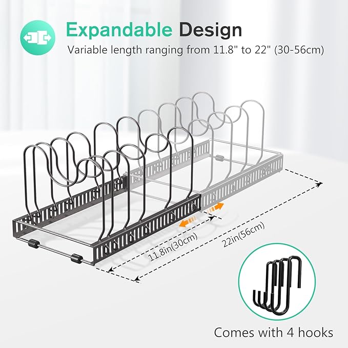 Puricon Expandable Pot and Pan Organizer for Cabinet with 10 Dividers, Adjustable Pots and Pans Organizer Rack Pan Lid Cookware Bakeware Baking Storage Holder for Kitchen Countertop Pantry -Bronze