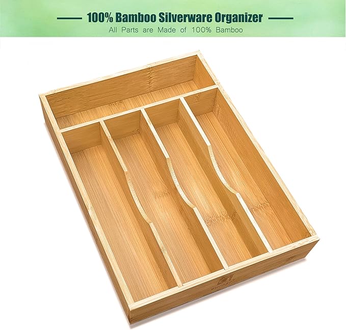 Bamboo Kitchen Drawer Silverware Organizer, 9 Inch Silverware Utensils Tray Holder for Small Drawer, Cutlery Tray, Wood Caddy for Flatware Cutlery Knives 5-Slots