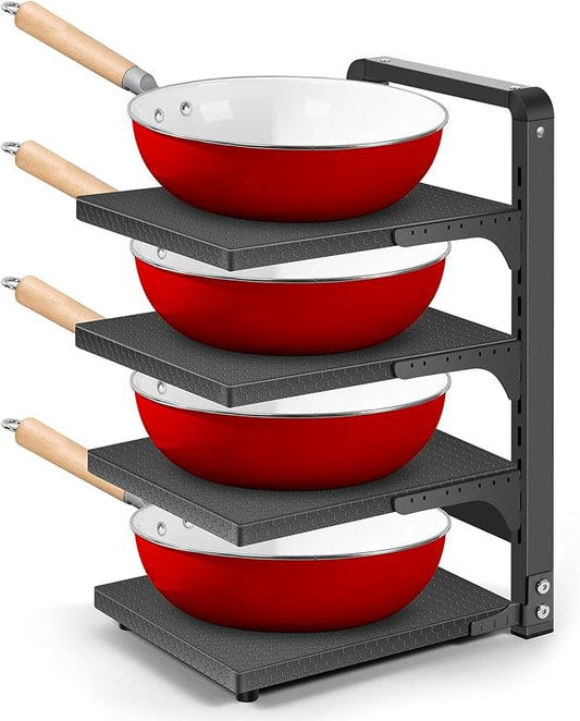 Pots and Pans Organizer under Cabinet, Heavy Duty Pan Organizers for Cabinet & Counter, 4 Tier Adjustable Pan & Pot Rack for Kitchen Cabinet Organizers and Storage