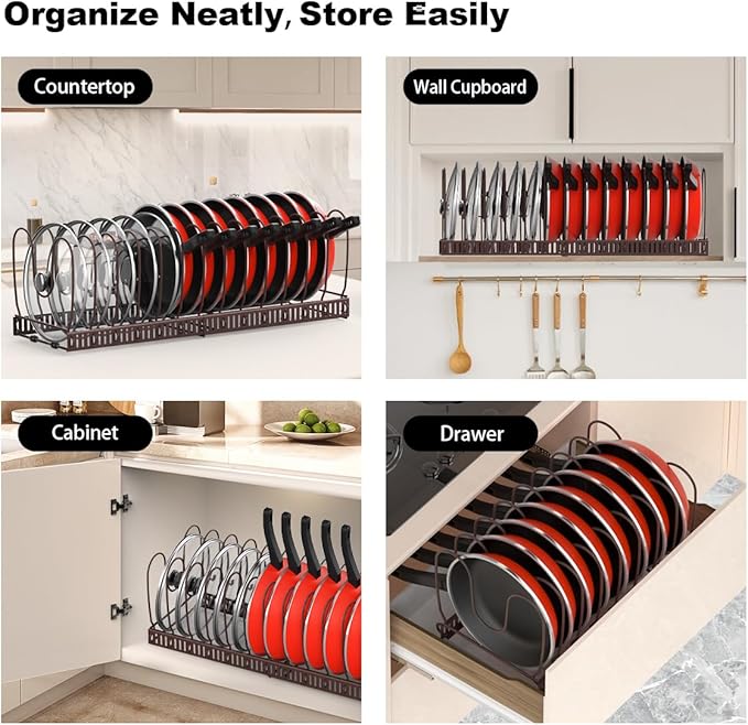 Pot and Pan Organizer Rack for Cabinet, Expandable Pot Lid Organizer with 14 Adjustable Dividers, Pan Holder Storage Rack for Kitchen Cabinet, Bronze
