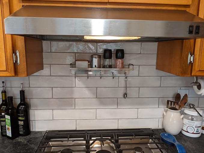 Kitchen Utensil Rack, Spice Rack with Hooks Wall Mount, Over the Stove Shelf, Stainless Steel, Hanging Storage Wall Shelf for Spatula Spoon, Seasoning Jar Organizer