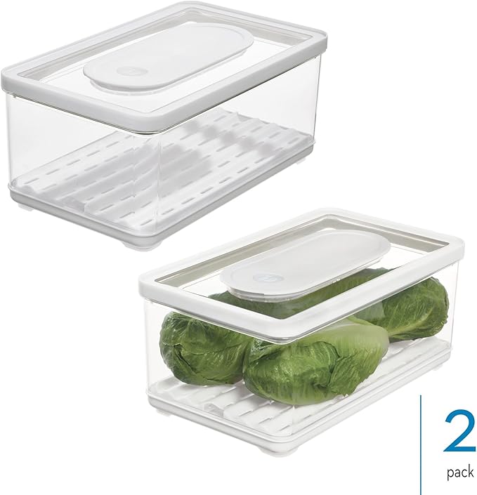 iDesign Large Fridge Produce Bin with Removable Drainage Tray and Lid - Set of 2 - Clear