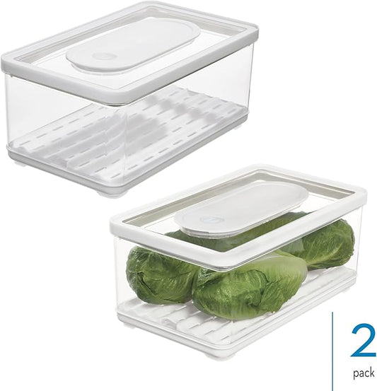 iDesign Large Fridge Produce Bin with Removable Drainage Tray and Lid - Set of 2 - Clear