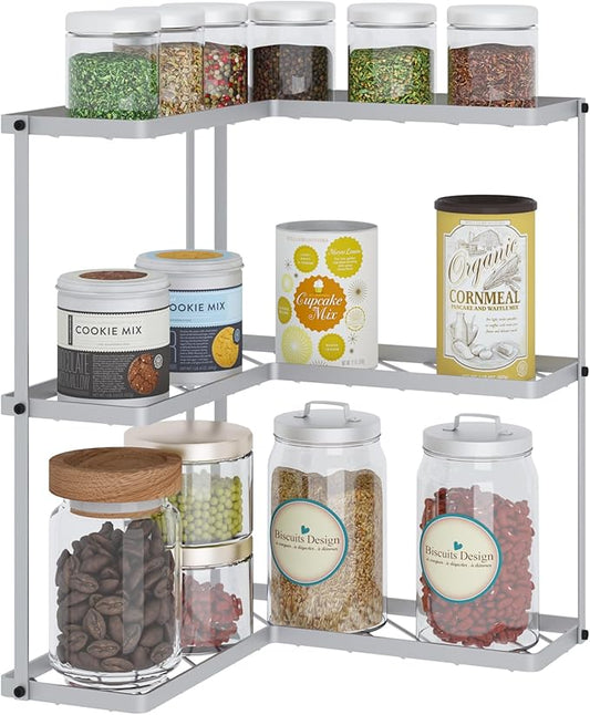 Buzowruil Kitchen L-Shaped Spice Storage Rack Triangle Corner Three-Layer Cabinet Spice Rack,1 Pack (Silver)
