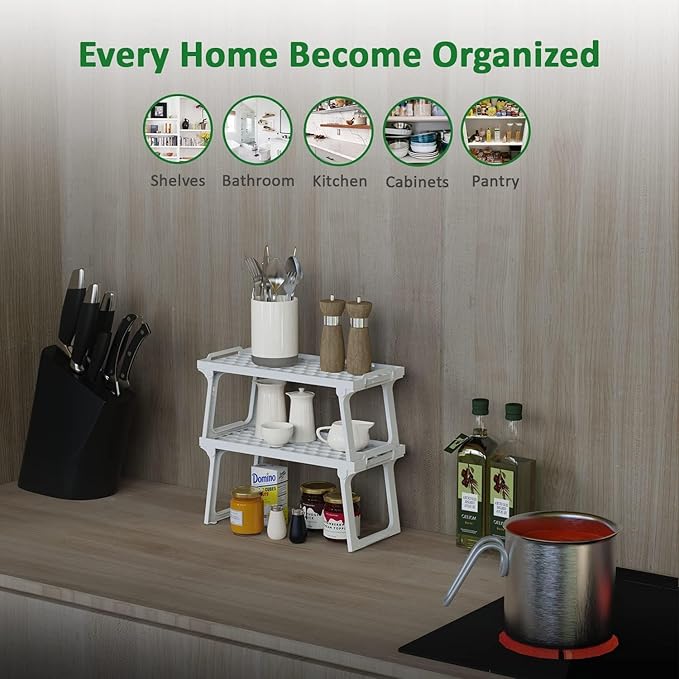 ums Kitchen Cabinet Shelf Organizers, White Plastic Stackable Freezer Rack, Shelf Riser, Usable Storage Rack for Your Spice, Refrigerator, Pantry (12 X 5.5 inch) Fridge Shelf Riser Pack of 4