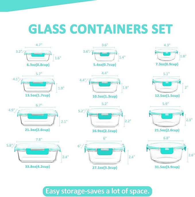 24 Pieces Glass Food Storage Containers Set,Glass Meal Prep Containers-Stackable Airtight Glass Storage Containers with lids,Freezer, Microwave, Oven Safe,Green