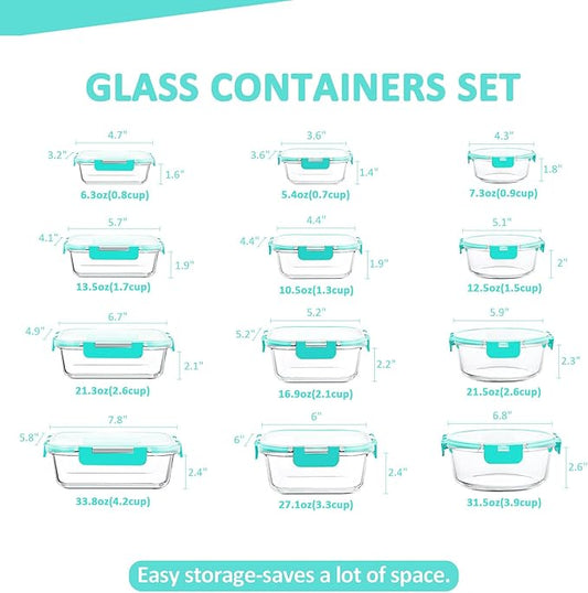 24 Pieces Glass Food Storage Containers Set,Glass Meal Prep Containers-Stackable Airtight Glass Storage Containers with lids,Freezer, Microwave, Oven Safe,Green