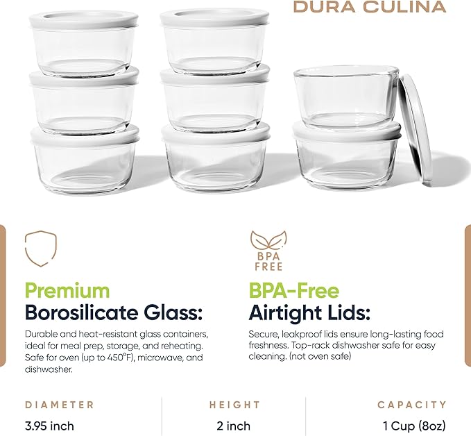 16-Piece Glass Food Storage Containers Set (8 Containers + 8 BPA-Free Lids) | 1-Cup, Leakproof | Microwave, Freezer, Oven & Dishwasher Safe | Ideal for Meal Prep & Pantry Organization