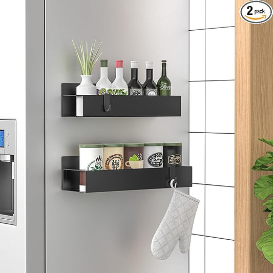 2 Pack Magnetic Spice Storage Rack Organizer for Refrigerator and Oven, Matt Black Fridge Organizers and Storage