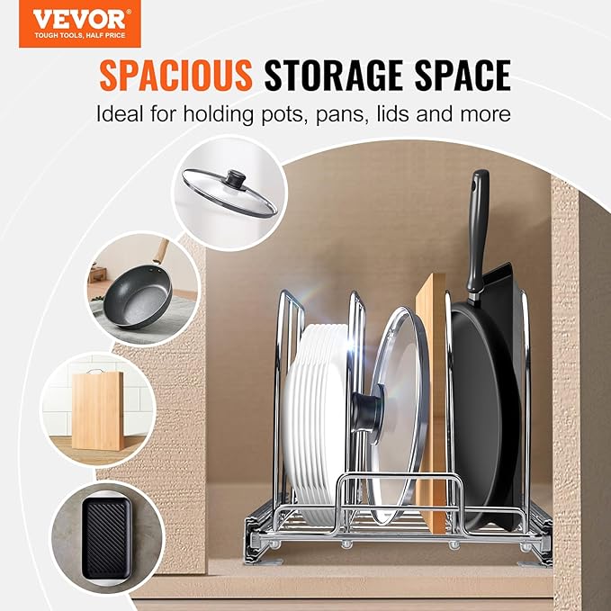 VEVOR Pan and Pot Rack, Expandable Pull Out Under Cabinet Organizer, Cookie Baking Pans tray Organization, Adjustable Wire Dividers, Steel Lid for Kitchen Cabinet & Pantry, 9.5"W