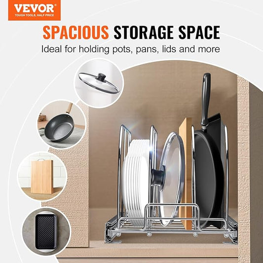 VEVOR Pan and Pot Rack, Expandable Pull Out Under Cabinet Organizer, Cookie Baking Pans tray Organization, Adjustable Wire Dividers, Steel Lid for Kitchen Cabinet & Pantry, 9.5"W